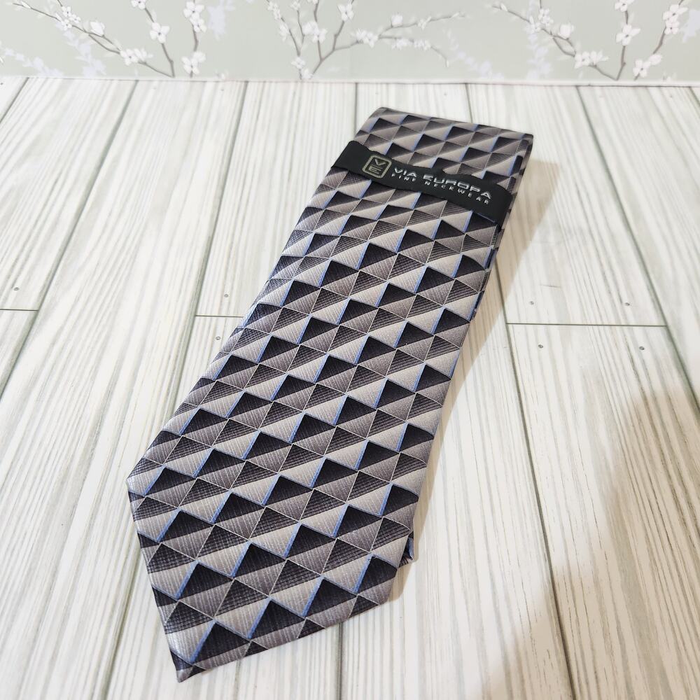 NWT Via Europa Black Gray Geometric check 100% Silk Classic‎ Men's Tie